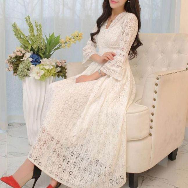 连衣裙夏时尚新款女装蕾丝裙V领修身裙子女韩版女装中长裙仙女裙