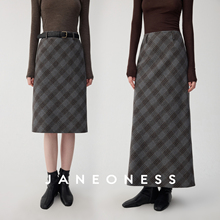 JANEONESS 羊毛混纺复古威尔士格纹斜裁长短款毛呢休闲直筒半裙女