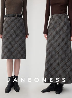 【鹦鹉梨严选】JANEONESS羊毛复古威尔士格纹直筒半裙 JO25F7246