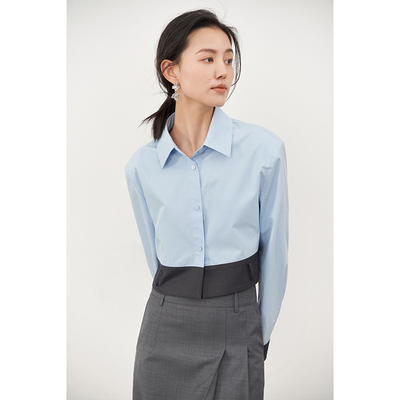 JANEONESS 春新款蓝色拼接短款衬衣撞色翻领显瘦设计感miu风衬衫