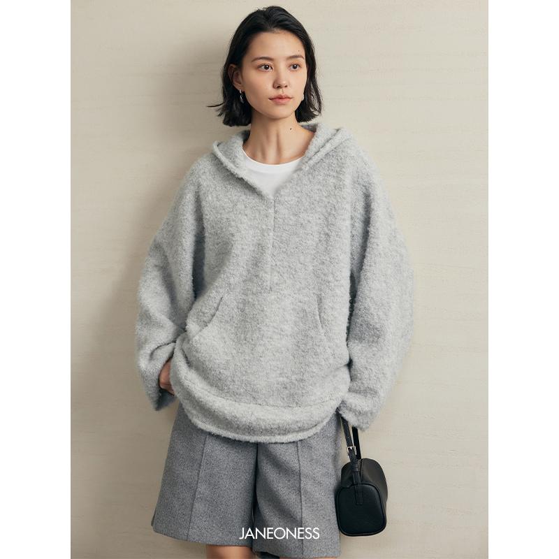 JANEONESS 灰色慵懒圈圈纱羊毛连帽针织套头卫衣女2024冬季新款