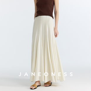 JANEONESS 丝光羊毛混纺48支垂感松紧腰插片拼接休闲A字针织半裙