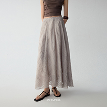 JANEONESS 棉麻松弛感拼接高腰显瘦A字格纹简约百搭半身裙女夏季