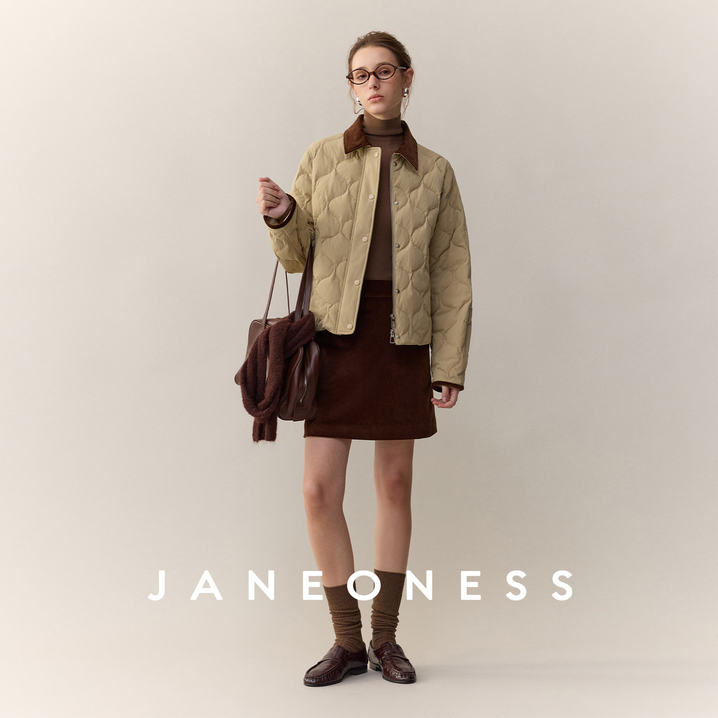 JANEONESS 美国进口 高纱支长绒棉复古灯芯绒撞色葫芦绗线羽绒服