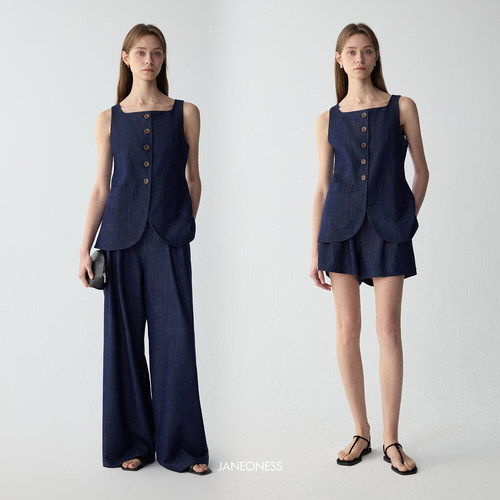 JANEONESS 简约通勤干练透气无袖马甲宽松短裤休闲长裤三件套装女