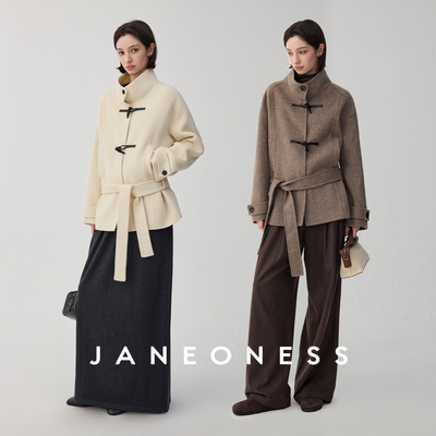 JANEONESS 纯羊毛蜡皮绳牛角扣立领时髦系带短款双面呢大衣秋冬女