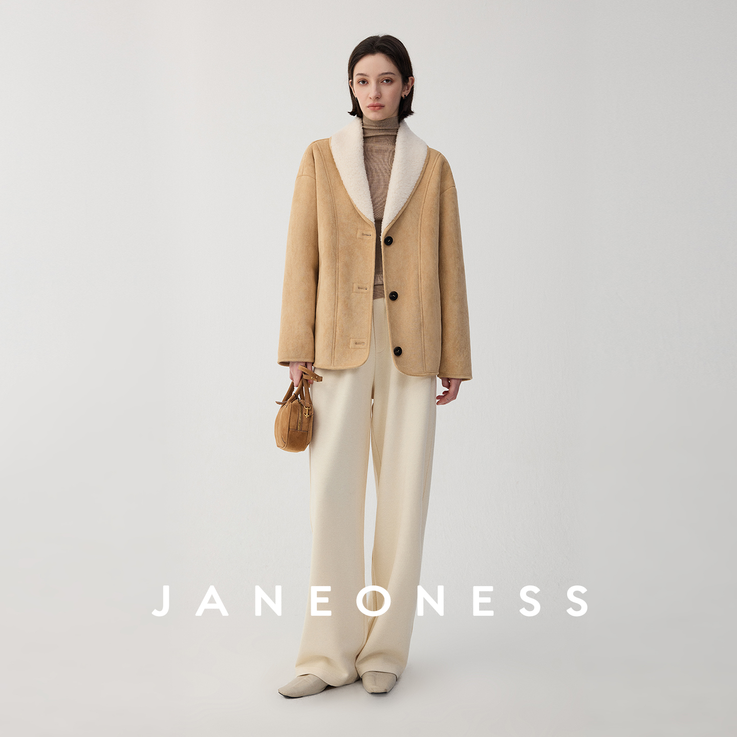 JANEONESS 撞色青果领羊羔毛麂皮外套