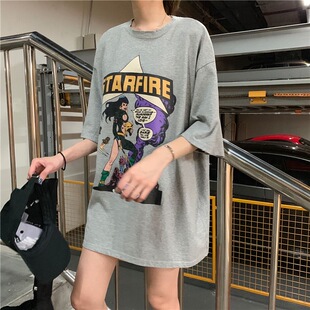 现货短袖T恤裙女生夏季卡通印花宽松风韩版中长款遮肚连衣裙