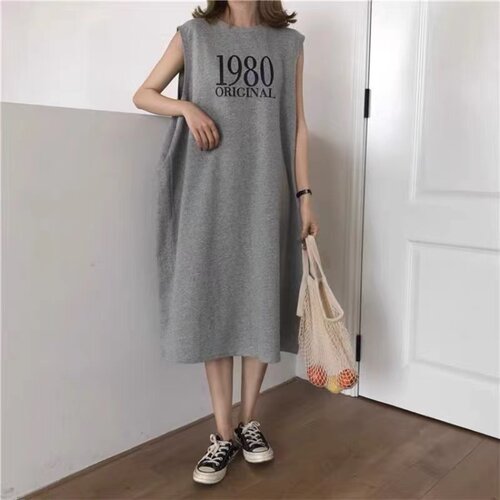 2024夏季新品字母印花背心连衣裙女圆领休闲运动侧开叉显瘦长裙