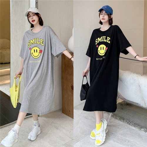 夏季短袖特大码女200斤T恤裙宽松长款休闲胖mm过膝显瘦遮肉长裙潮