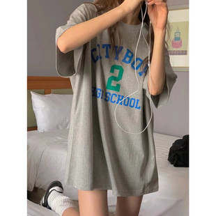 学院风宽松显瘦中款字母印花短袖t恤女大码连衣裙夏季BF风上衣