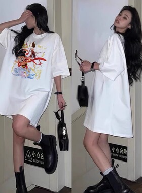 韩版夏季新款宽松显瘦时尚卡通印花短袖T恤女中长款森系上衣嘻哈