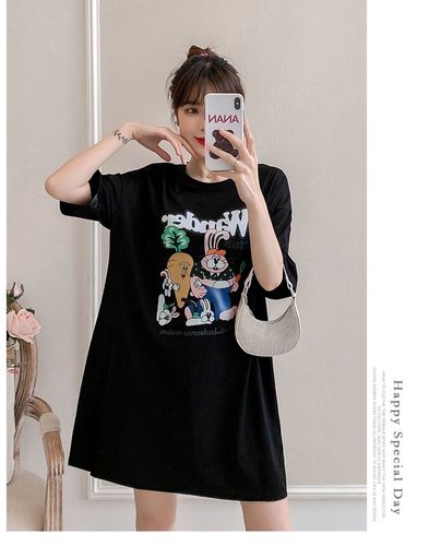 卡通短袖中长t恤裙女2024夏季200斤特大码胖mm宽松显瘦遮肉连衣裙