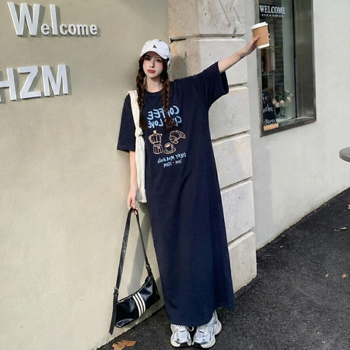 夏季森系大码开叉显瘦T恤连衣裙