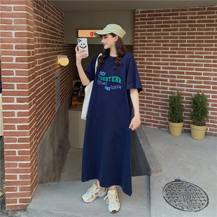 韩版夏季短袖开叉连衣裙休闲女式遮肚大码宽松中长款T恤过膝裙子