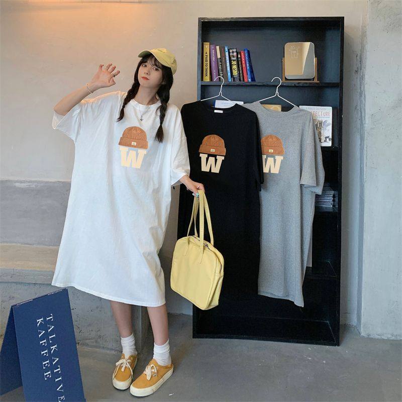 热卖新款日系夏季大码女装简约休闲短袖宽松套头T恤直筒连衣裙3色