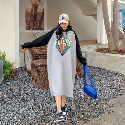 美式复古长款连帽卫衣裙秋冬季套头小个子宽松长款过膝通勤连衣裙