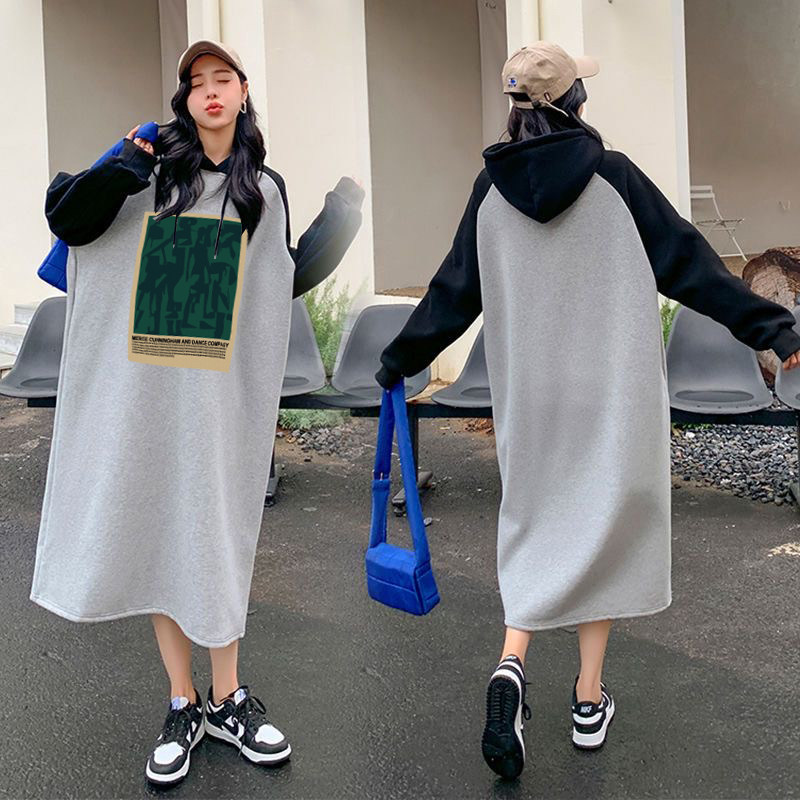 加大码女装秋款连帽卫衣裙胖妹妹MM印花拼色插肩袖清新简约连衣裙