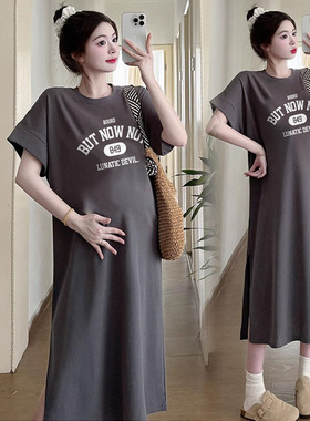 森系美式印花温柔风大码短袖连衣裙胖妹妹宽松开叉带口袋通勤裙夏