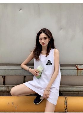 纯棉吊带背心无袖t恤女夏季外穿宽松家居服睡裙中长款篮球服上衣