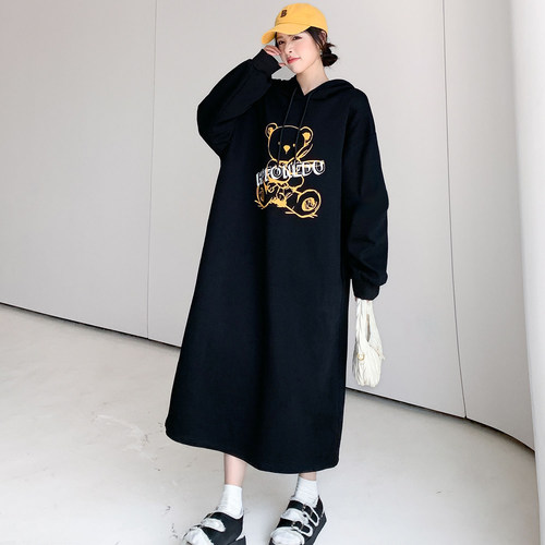 特大码孕妇装长袖卫衣裙2023秋冬新款连帽宽松开叉有口袋连衣裙