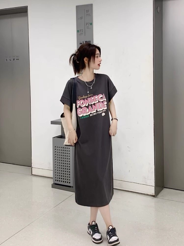 套头圆领飞飞袖印花宽松长裙2024夏新款韩版有口袋过膝T恤连衣裙