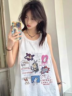 oversize白色坎肩休闲运动风吊带辣妹背心女夏季无袖t恤情侣上衣