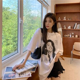 韩系下衣失踪短袖印花T恤裙女夏季港风慵懒宽松中长款简约休闲裙