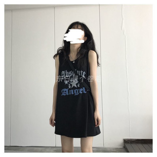夏季无袖圆领性感中长款背心少女复古印花t恤吊带连衣裙学生上衣