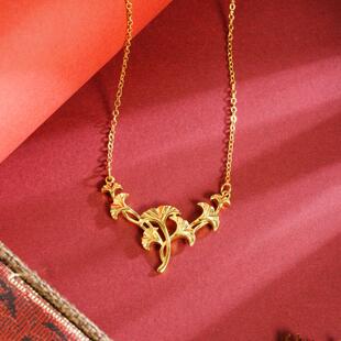 沙金银杏叶项链女款个性时尚百搭气质义乌配饰黄铜镀金首饰品