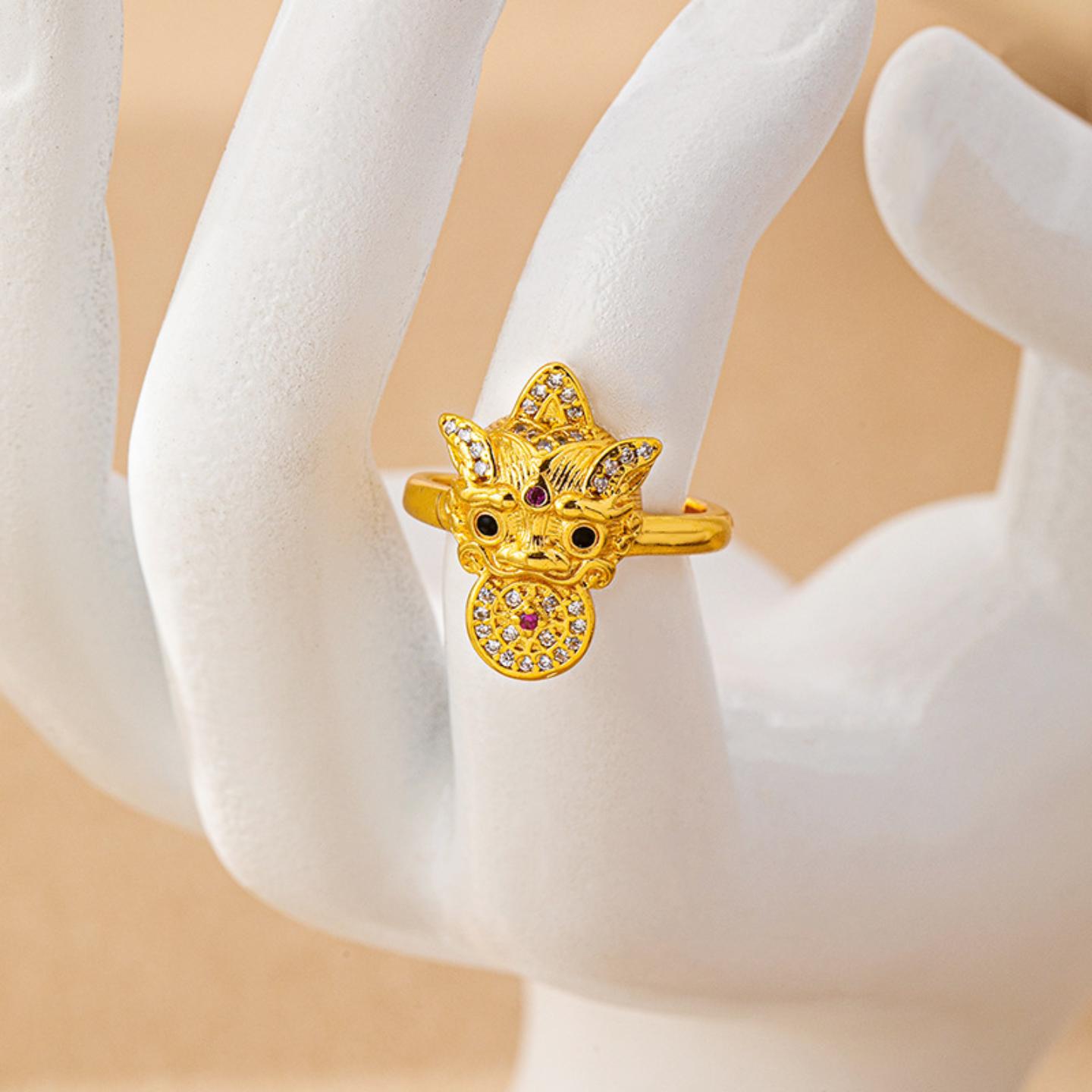 新中式沙金貔貅镶钻女戒