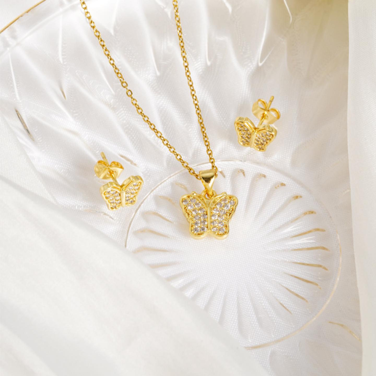 越南沙金蝴蝶项链耳钉套装