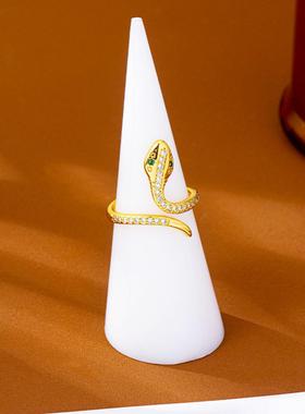 爆款灵动十二生肖镶钻绿色灵蛇指环越南沙金戒指潮流久不掉色饰品