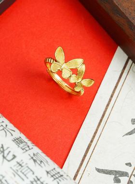 古法沙金双生条纹蝴蝶开口戒