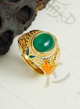 古法沙金锦鲤玉滴油宫廷戒指