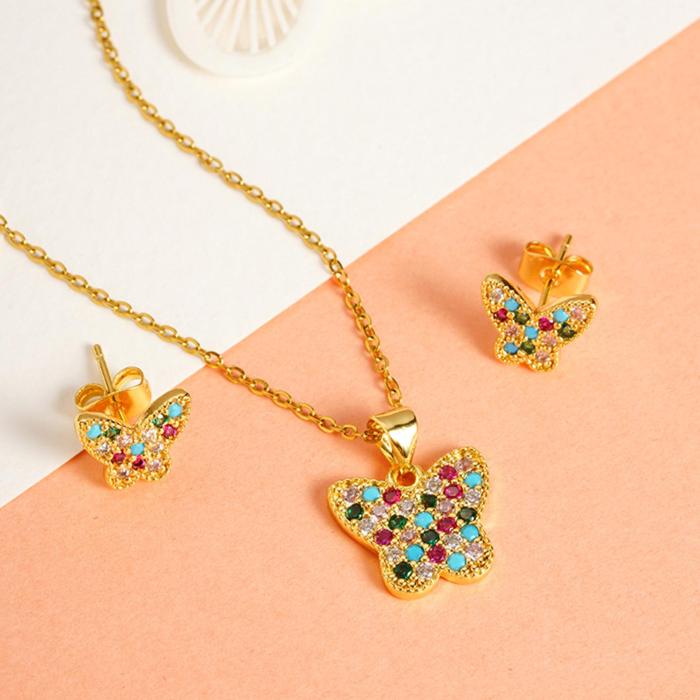 古法越南沙金项链轻奢镶嵌彩钻蝴蝶耳环时百搭高级感久不掉色饰品