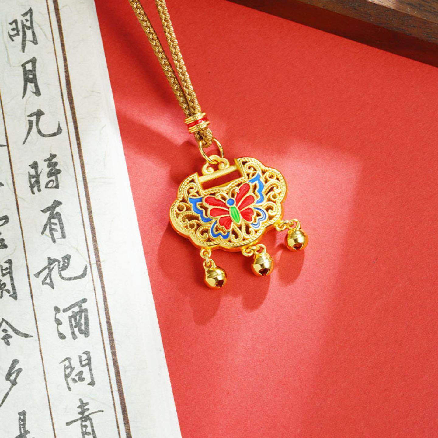 越南沙金项链复古高级感滴油蝴蝶镂空平安锁吊坠女百搭首饰品货源