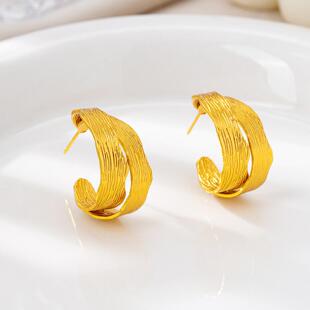 越南沙金不规则耳钉轻奢仿金港风C字耳饰设计感久不掉色饰品
