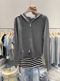 韩国时尚高级感连帽拉链针织开衫女2026超细羊毛简约宽松百搭外套