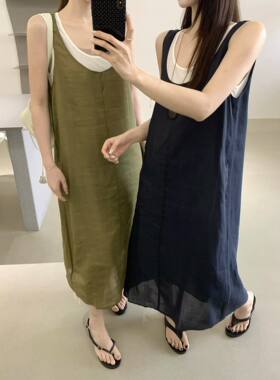 无袖吊带裙+100苎麻背心裙两件套