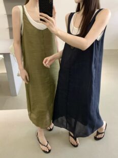 韩国CALOSCI时尚设计感无袖吊带裙+100苎麻背心裙两件套裙子63760