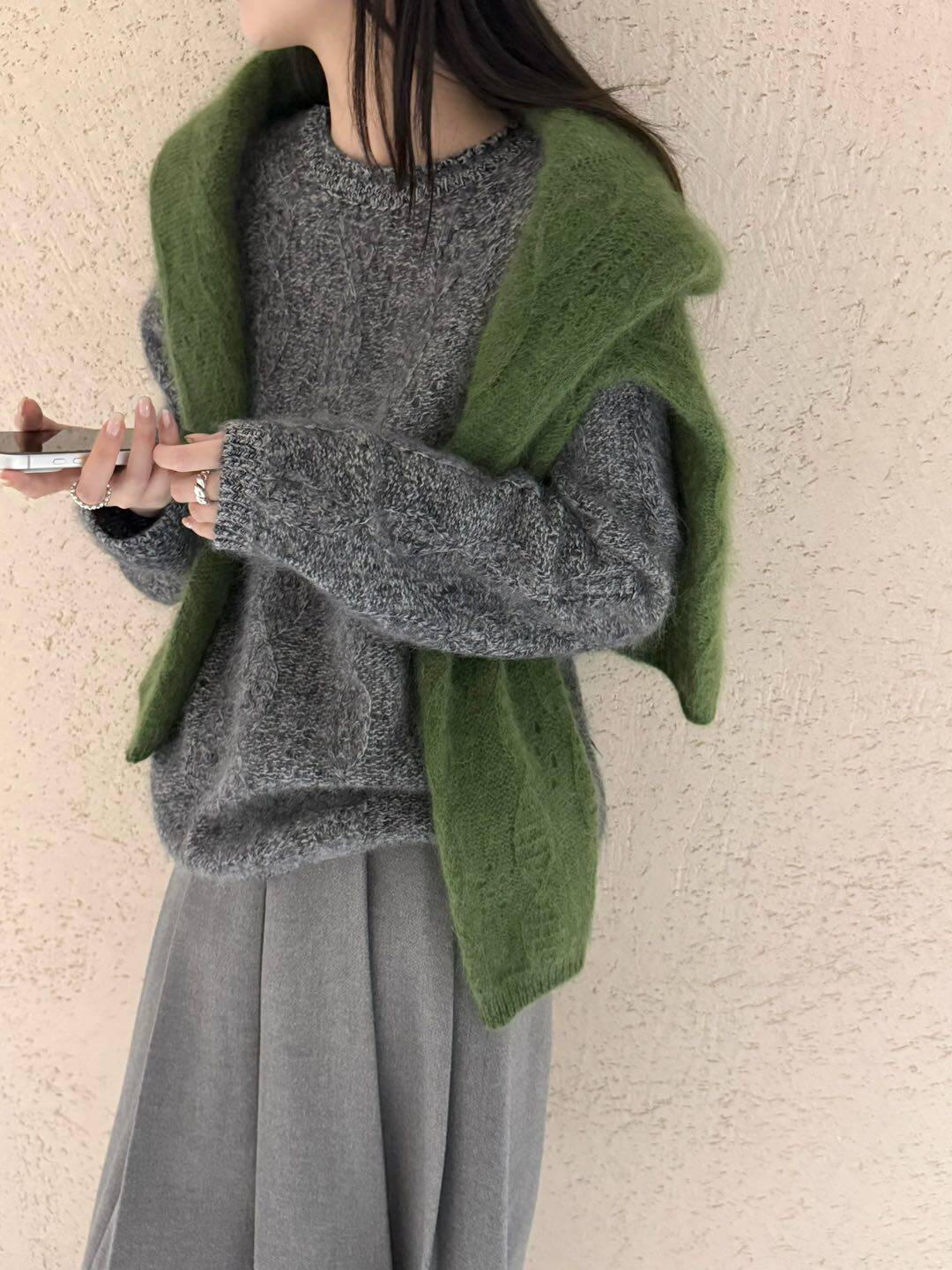 温柔仙女风时尚百搭花苞式圆领套头丝羊绒拉毛针织衫气质软糯毛衣