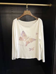 防晒罩衫 T恤女宽松休闲百搭薄款 设计感花朵印花露肩长袖 韩国时尚