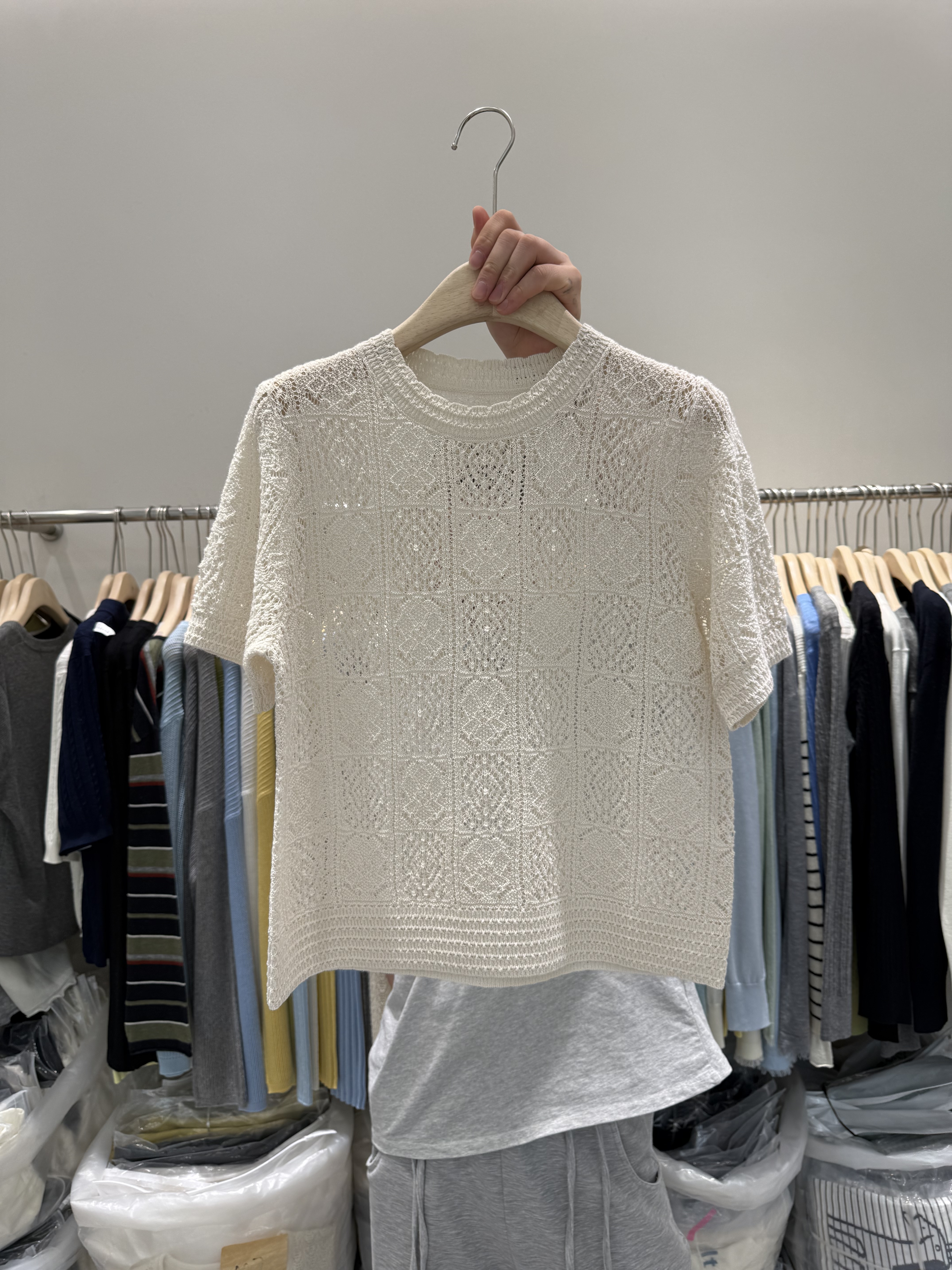 欧货605045时尚高级感宽松显瘦立体缕空圆领短袖绵羊毛T恤上衣女