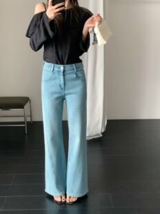 韩国AP时尚高级感高腰垂感显瘦烫钻微喇牛仔裤拖地裤喇叭裤女6501