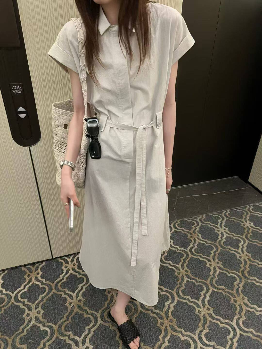 韩国61L535时尚polo翻领短袖连衣裙女夏季腰带显瘦气质通勤衬衫裙