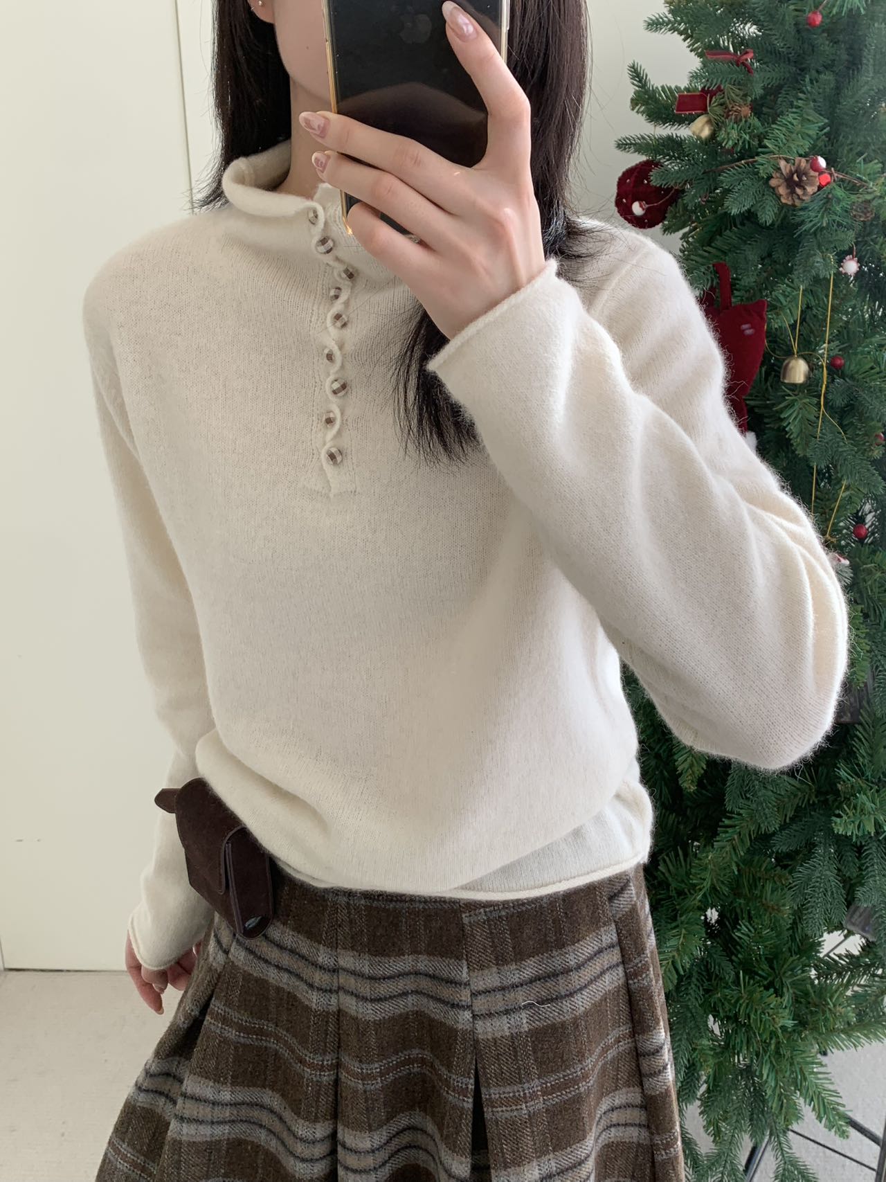 半高领纽扣软糯贝熊绒针织衫毛衣