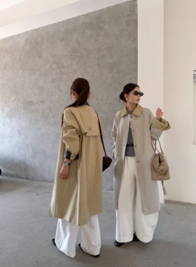 米蓝汇7576韩国高级感单排扣撞色翻领领口袖口拼接皮料风衣外套女