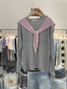 韩系温柔风绵羊毛长袖圆领针织衫配缕空披肩薄款上衣罩衫莱赛尔女