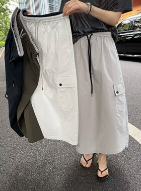 欧货时尚高级感双层花苞抽绳松紧腰口袋工装裙休闲开叉半身裙652